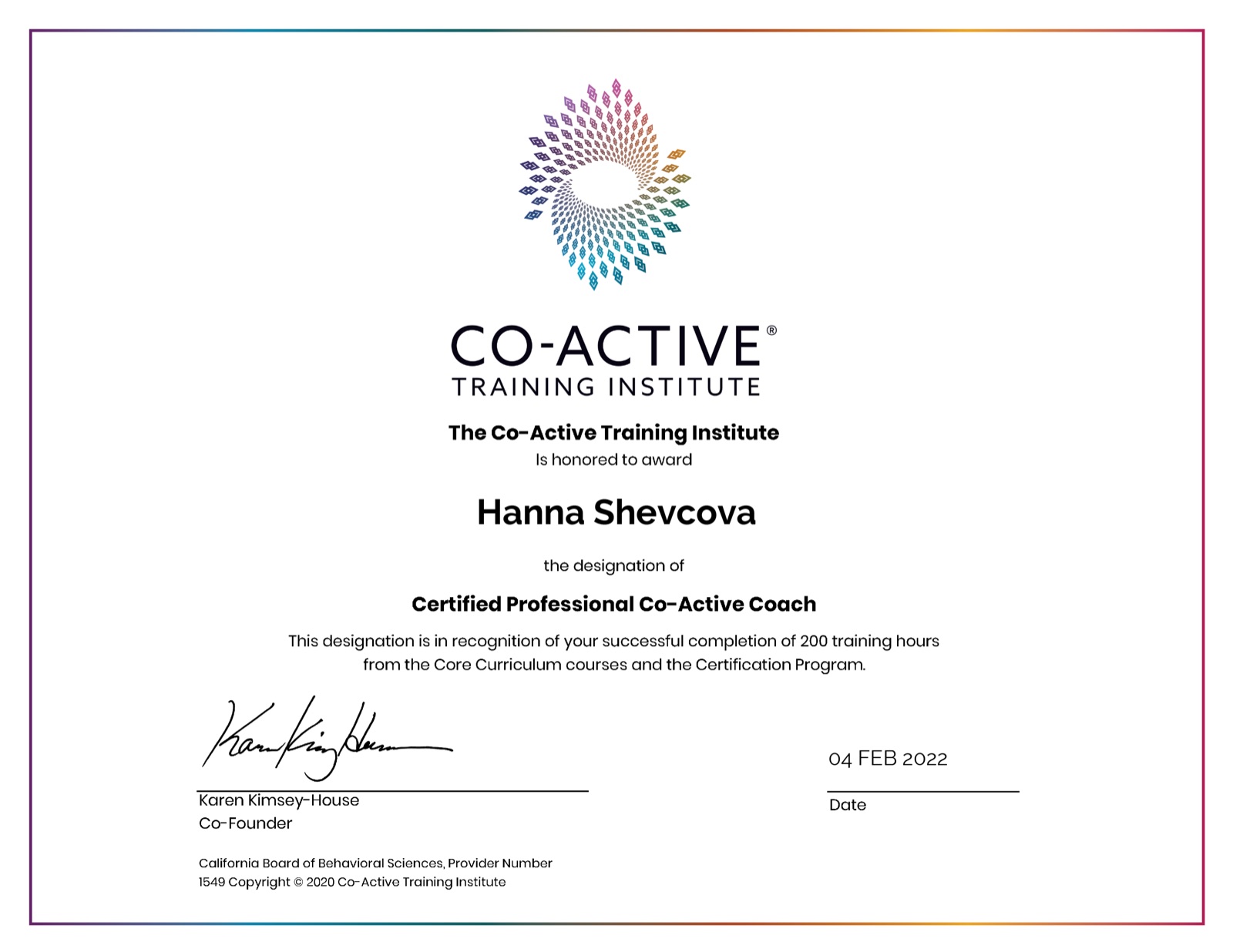 Certified Professional Co-Active Coach certificate