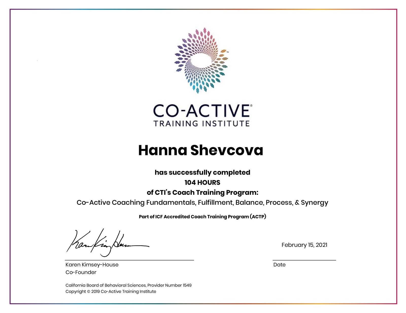 CTI Training Program certificate