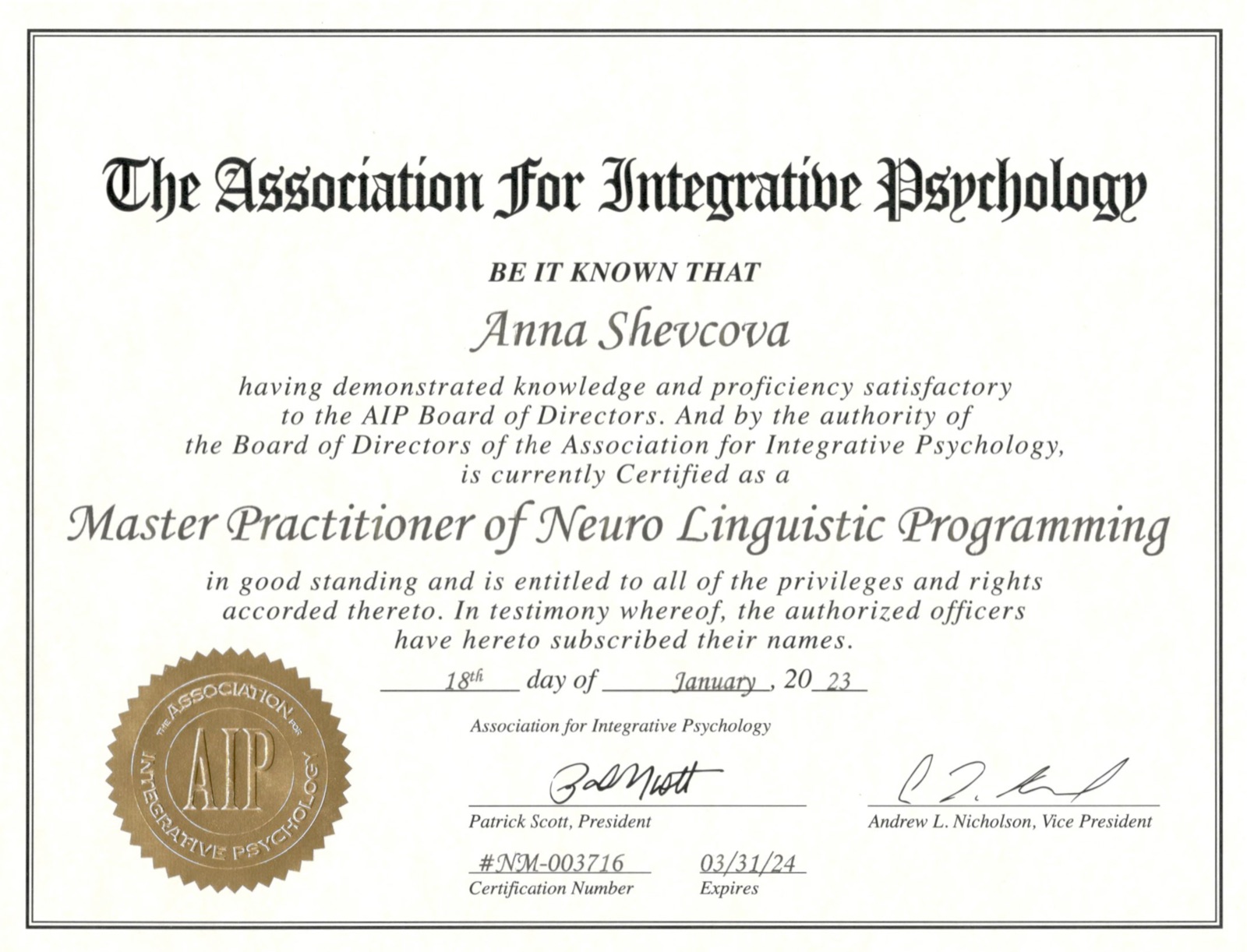 NLP Master Practitioner certificate