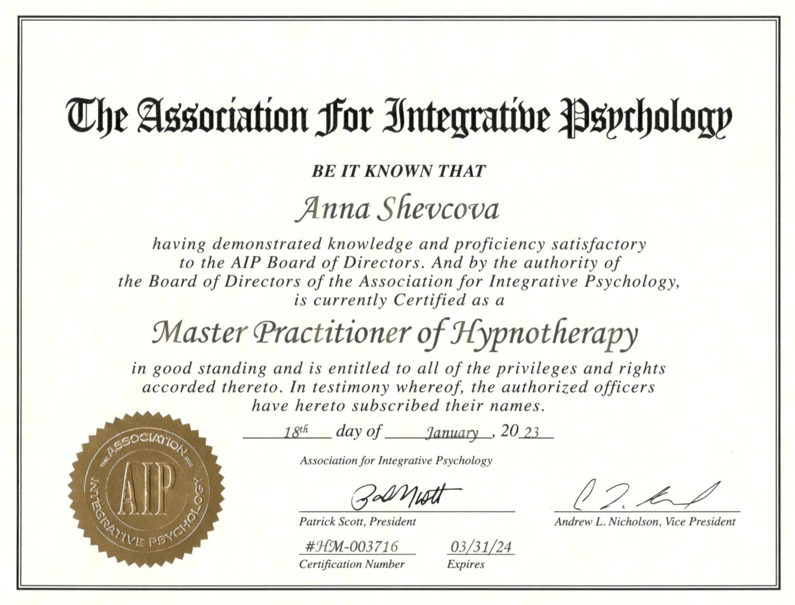 Hypnotherapy certificate