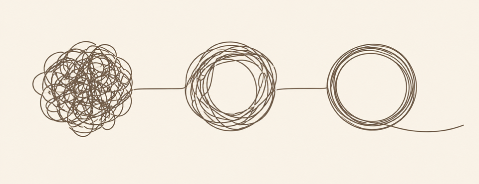 A tangled line gradually settling into a clean, open circle
